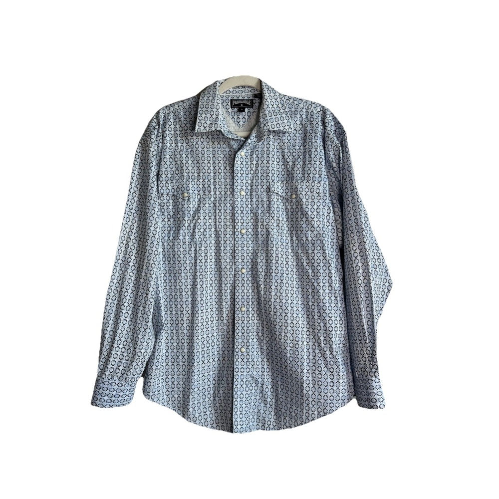 Panhandle Western Pearl‎ Button Down Shirt Mens M Blue Geo Logo Rodeo Cowboy